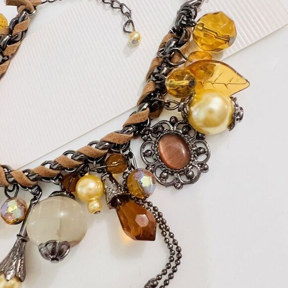 Art Glass Dangle Charm Bracelet Faux Pearl Leather Rhinestone Dangle Earth Tone - Picture 12 of 13